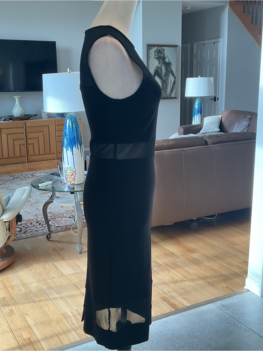 French Connection Black Midi Dress with Sheer Insets - Picture 6 of 12